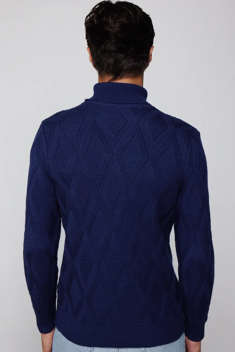 Tudors Slim Fit Slim Fit Full Turtleneck Patterned Sax Blue Men's Knitwear Sweater