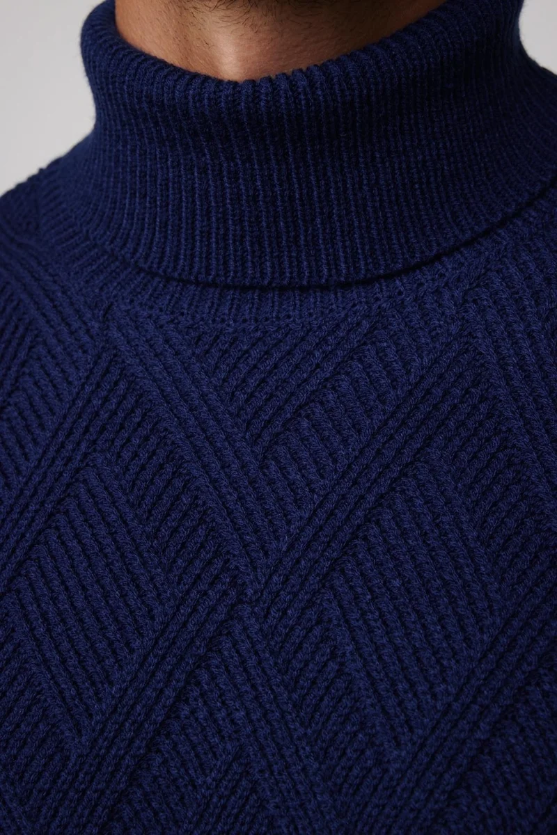 Tudors Slim Fit Slim Fit Full Turtleneck Patterned Sax Blue Men's Knitwear Sweater