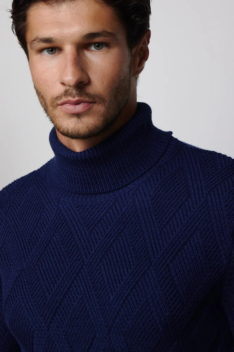 Tudors Slim Fit Slim Fit Full Turtleneck Patterned Sax Blue Men's Knitwear Sweater