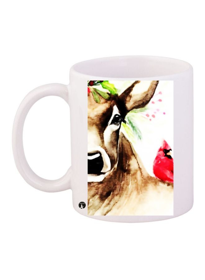 RYN Deer Printed Coffee Mug White/Brown/Red 11ounce