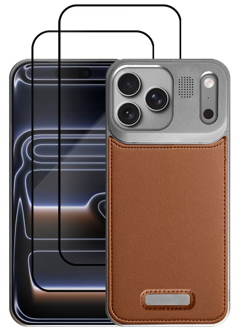 3 Pieces of Luxury Leather Aluminum Alloy Aromatherapy Case for iPhone 17 Pro Max - MagSafe Compatible - Shockproof - Camera Lens Protection - with Two 3D Screen Protectors - Silver Brown - Image 1