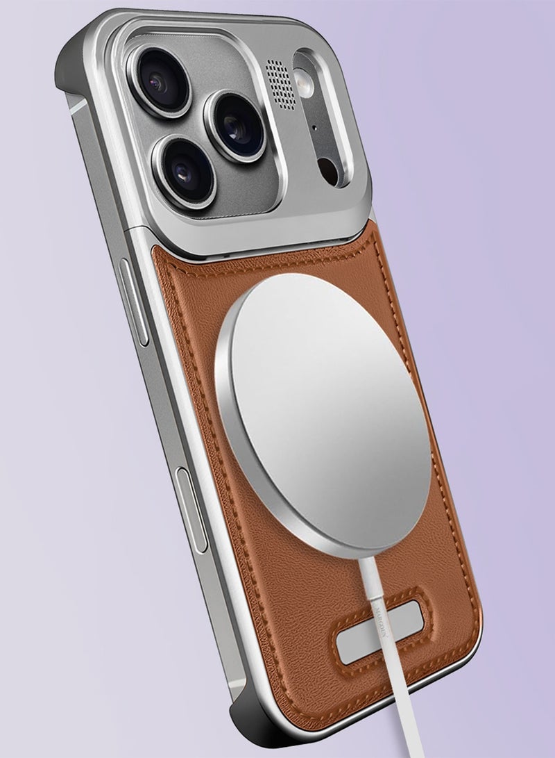 3 Pieces of Luxury Leather Aluminum Alloy Aromatherapy Case for iPhone 17 Pro Max - MagSafe Compatible - Shockproof - Camera Lens Protection - with Two 3D Screen Protectors - Silver Brown - Image 4