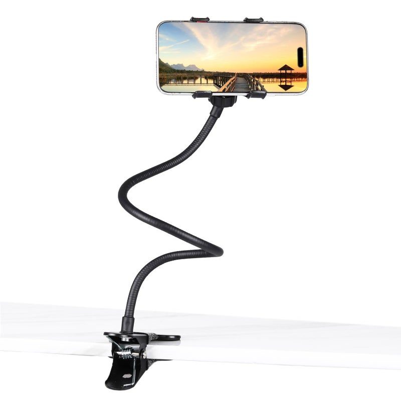 Kuryai Gooseneck Phone Holder for Bed, [Upgrade Metal Stable] Flexible Gooseneck Long Arm Phone Mount for Desk with 360Â° Adjustable Clamp Clip Overhead Bedside Phone Stand, for All 4-7â€ Cellphone - Image 1