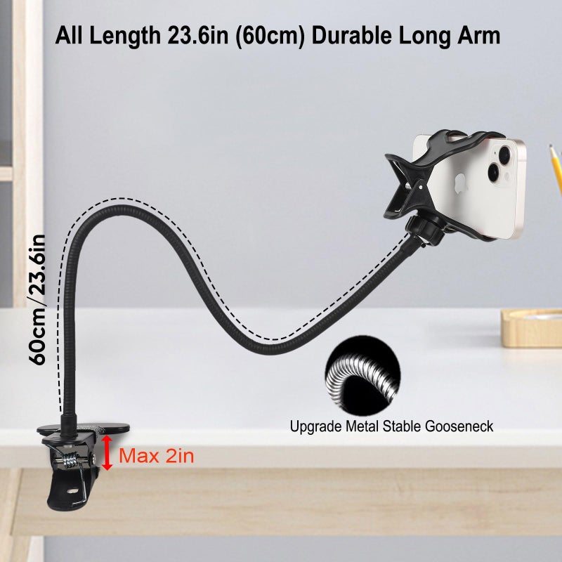 Kuryai Gooseneck Phone Holder for Bed, [Upgrade Metal Stable] Flexible Gooseneck Long Arm Phone Mount for Desk with 360Â° Adjustable Clamp Clip Overhead Bedside Phone Stand, for All 4-7â€ Cellphone - Image 2