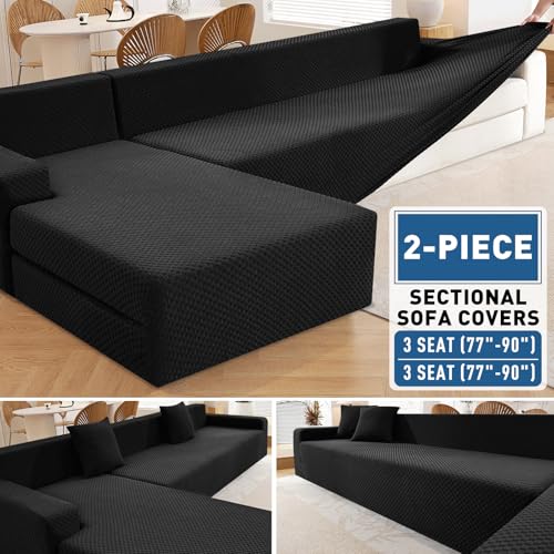 ZNSAYOTX Sectional Couch Covers, Stretch Jacquard Slipcovers with Elastic Bottom for L-Shape Sectional Sofa, 2 Pcs Pet Friendly Modular Sofa Protector (3 Seat Couch + 3 Seat Chaise, Black) - Image 4