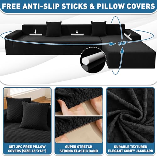 ZNSAYOTX Sectional Couch Covers, Stretch Jacquard Slipcovers with Elastic Bottom for L-Shape Sectional Sofa, 2 Pcs Pet Friendly Modular Sofa Protector (3 Seat Couch + 3 Seat Chaise, Black) - Image 2