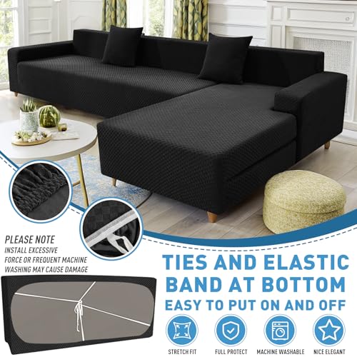 ZNSAYOTX Sectional Couch Covers, Stretch Jacquard Slipcovers with Elastic Bottom for L-Shape Sectional Sofa, 2 Pcs Pet Friendly Modular Sofa Protector (3 Seat Couch + 3 Seat Chaise, Black) - Image 3