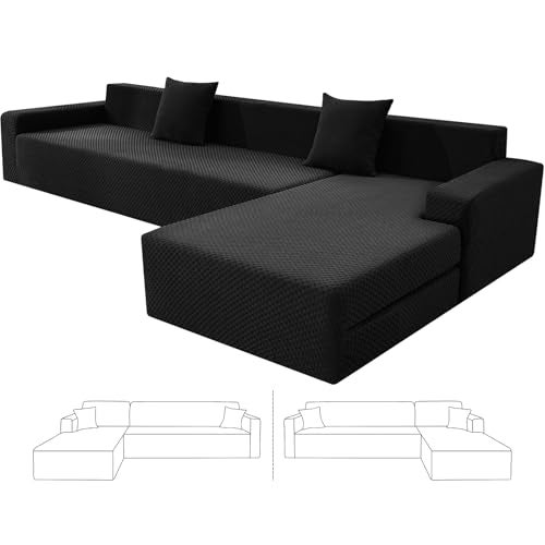 ZNSAYOTX Sectional Couch Covers, Stretch Jacquard Slipcovers with Elastic Bottom for L-Shape Sectional Sofa, 2 Pcs Pet Friendly Modular Sofa Protector (3 Seat Couch + 3 Seat Chaise, Black) - Image 1