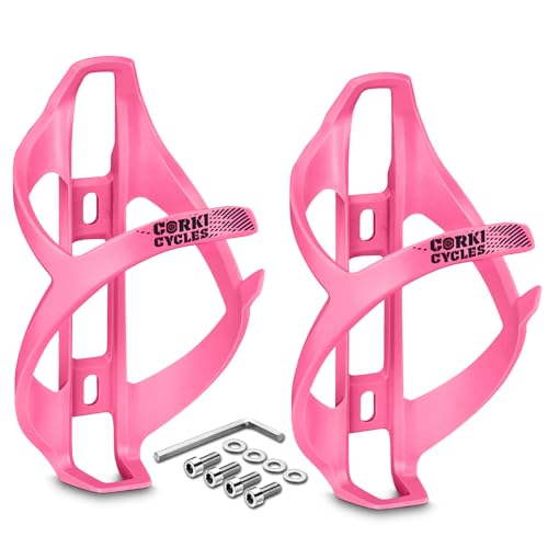 corki Cycles Bike Water Bottle Holder Right Side Load Water Bottle Cage for Road, MTB, Gravel Bicycles Magenta Pink 2 Pack - Image 1