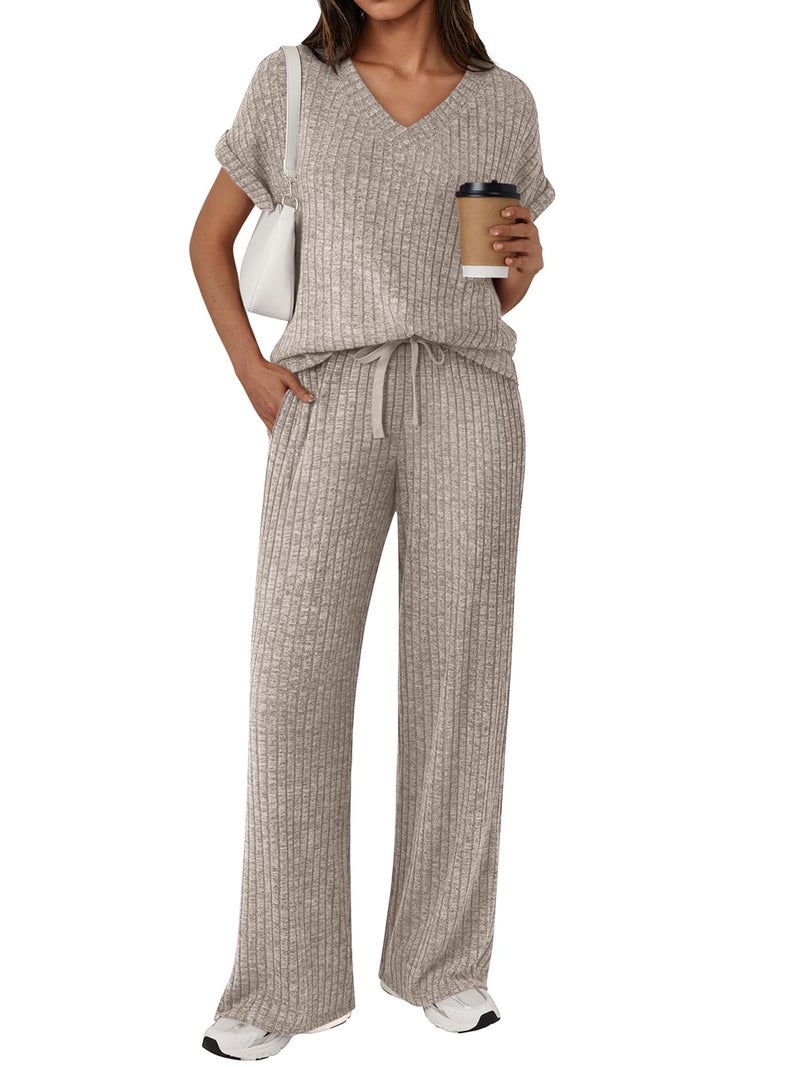 LILLUSORY Womens 2 Piece Lounge Sets 2026 Summer Vacation Outfits Airport Travel Resort Wear Beach Matching Spring Sweatsuit Khaki L - Image 1