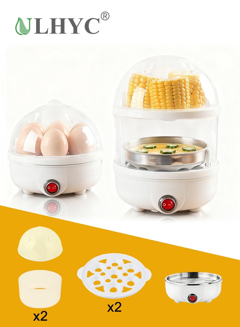 يو إل اتش واي سي طباخ بيض كهربائي بسعة 7 بيضات، جهاز طهي بالبخار متعدد الوظائف ذو طبقتين لتحضير الذرة والزلابية، غلاية تعمل بلمسة واحدة مع رف تبخير إضافي، 220 فولت - Image 1