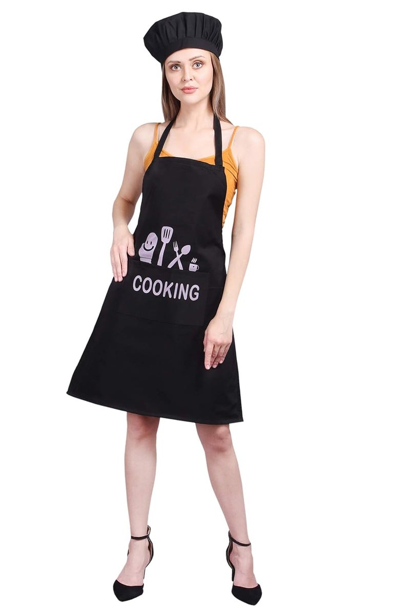 Tolexo Tolexo Polyester cooking print apron Free Size Cooking Kitchen waterproof Apron with cap Black 23x30 inch 57x77cm
