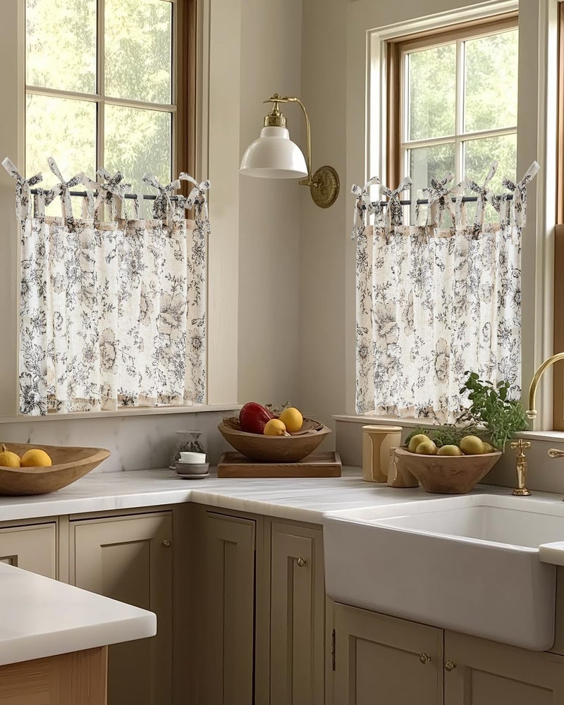 jinchan Floral Linen Tier Curtains 24 Inch Farmhouse Cafe Curtains Tie Top Botanic Drapes for Small Windows Over Sink for Kitchen Country Rustic Laundry Room Bathroom RV 2 Panels Black on Beige - Image 2