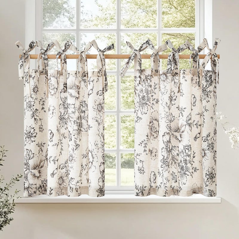 jinchan Floral Linen Tier Curtains 24 Inch Farmhouse Cafe Curtains Tie Top Botanic Drapes for Small Windows Over Sink for Kitchen Country Rustic Laundry Room Bathroom RV 2 Panels Black on Beige - Image 1