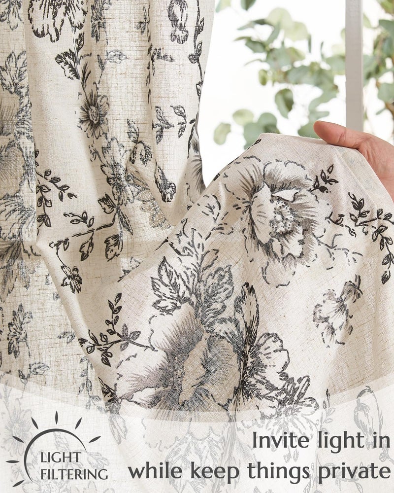 jinchan Floral Linen Tier Curtains 24 Inch Farmhouse Cafe Curtains Tie Top Botanic Drapes for Small Windows Over Sink for Kitchen Country Rustic Laundry Room Bathroom RV 2 Panels Black on Beige - Image 4