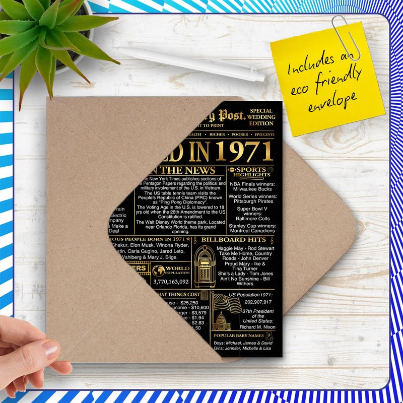 Stuff4 Gold 55th Anniversary Card for Women Men - Golden Newspaper Married in 1971-55 Year Wedding Anniversary Card for Companion Partner Husband Wife  5x7 Inch Anniversaries Greeting Cards - Image 5