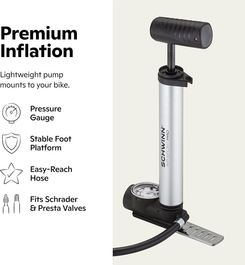 Schwinn Air Sport Mini Bike Pump, Foot to Floor or Hand Pump Option, Fits Schrader and Presta Valve Types, Easy-to-Carry Portable and Convenient Design, Bicycle Essentials for Easy Road Riding - Image 2