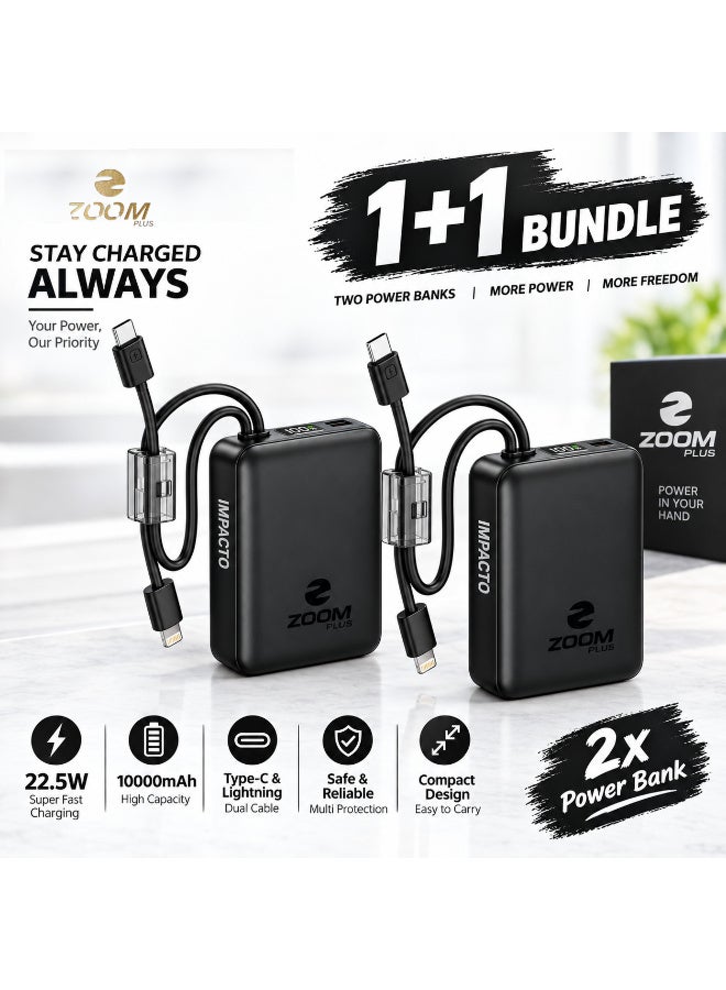 Zoom Plus IMPACTO 1+1 Bundle Power Bank – 2 × 10,000mAh, 22.5W Super Fast Charging, Built-in Type-C & Lightning Cables, Compact Portable Power Bank - Image 1