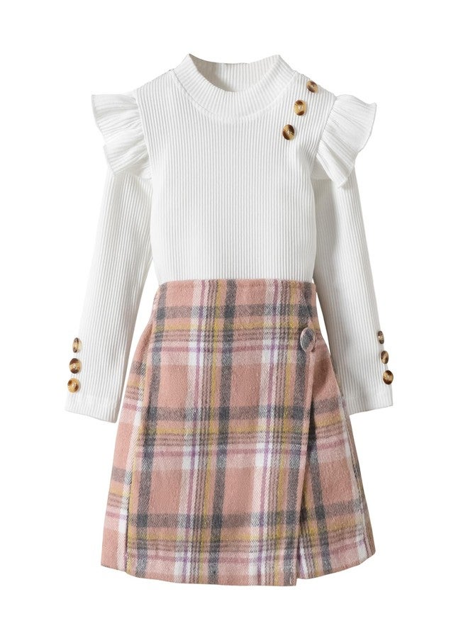 Fernvia Toddler Girl Fall Winter Clothes Ruffles Long Sleeve Shirt and Plaid Shorts Skirt Kids Little Girl 2Pcs Outfits Set (A white, 18-24 Months) - Image 1