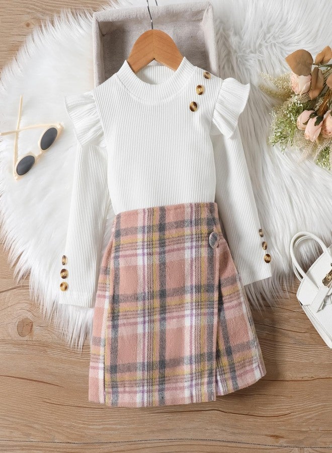 Fernvia Toddler Girl Fall Winter Clothes Ruffles Long Sleeve Shirt and Plaid Shorts Skirt Kids Little Girl 2Pcs Outfits Set (A white, 18-24 Months) - Image 2