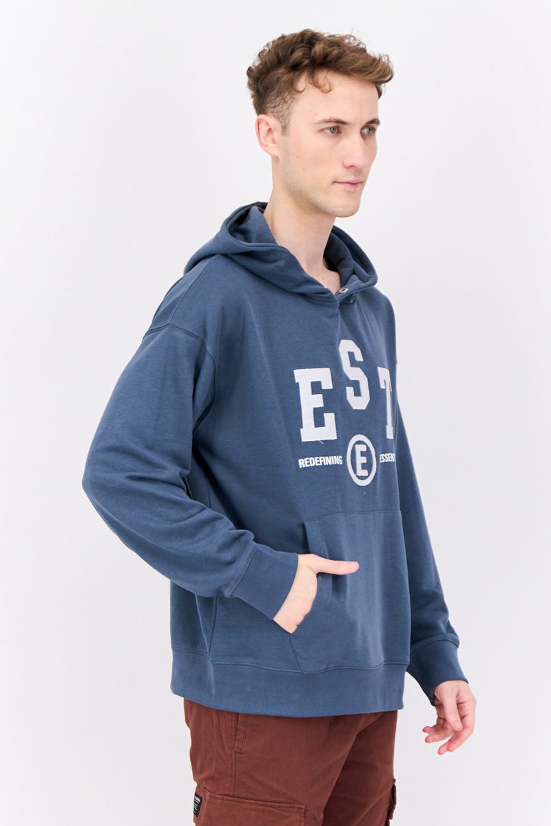 Established Redefining Essentials Men Hooded Embrodiered Logo Long Sleeves Sweatshirt, Slate Blue - Image 4