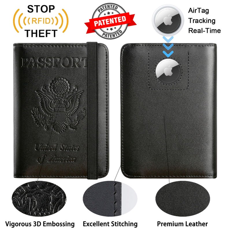 PASCACOO Airtag Passport Holder Cover Wallet Travel Essentials RFID Blocking Leather Card Case International Must Haves Travel Accessories for Women Men(119#Black) - Image 2