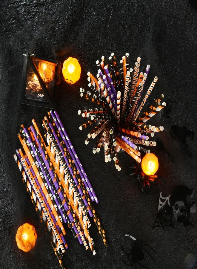 ALINK مصاصات ورقية هالوين من ALINK 200 عدداً، 10 أنماط باللون الأسود والبرتقالي والبنفسجي، مصاصات شرب قابلة للتحلل مع تصميم خطوط، موجات، نقاط، رأس جمجمة، شبح، خفافيش، قرع، وعنكبوت. - Image 3