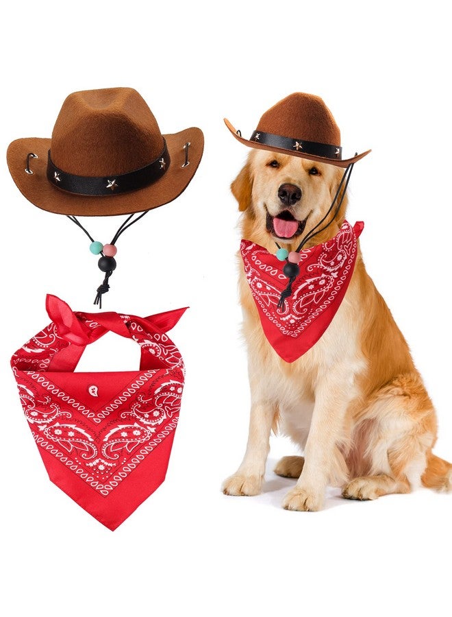 Yewong Pet Cowboy Costume Accessories Dog Cat Pet Size Cowboy Hat And Bandana Scarf West Cowboy Accessories For Puppy Kitten Party Festival And Daily Wearing Set Of 2 (Coffee) - Image 1
