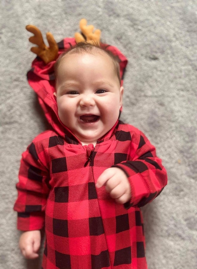 HiHa Infant Baby Boys Christmas Hooded Romper Buffalo Plaid Jumpsuit Long Sleeve Elf Reindeer Bodysuit One-Piece Santa Xmas Clothes(Plaid,6-12M) - Image 2