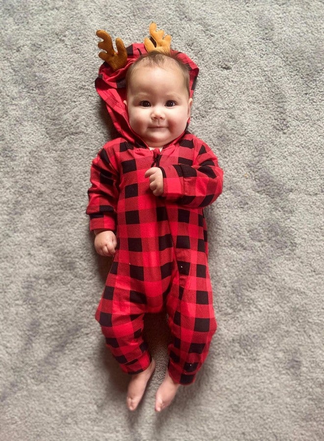 HiHa Infant Baby Boys Christmas Hooded Romper Buffalo Plaid Jumpsuit Long Sleeve Elf Reindeer Bodysuit One-Piece Santa Xmas Clothes(Plaid,6-12M) - Image 4
