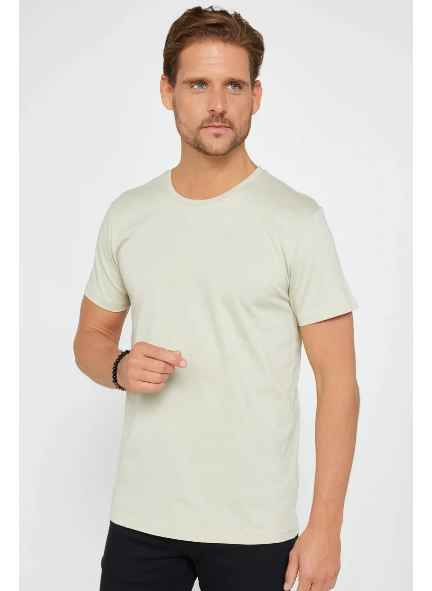 Tudors Men's Slim Fit Narrow Cut Crew Neck Organic Cotton Soft Textured Short Sleeve Stone Color T-Shirt