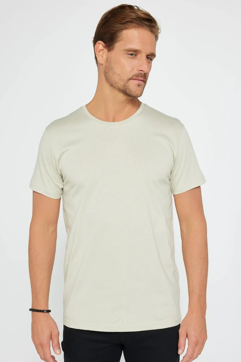 تودورس Men's Slim Fit Narrow Cut Crew Neck Organic Cotton Soft Textured Short Sleeve Stone Color T-Shirt
