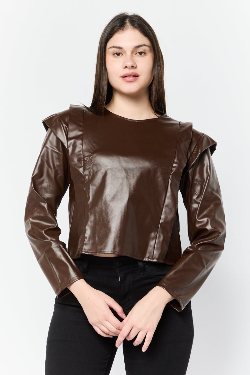 DeFacto Women Jewel Neckline Long Sleeve Pleated Blouse, Dark Brown - Image 1