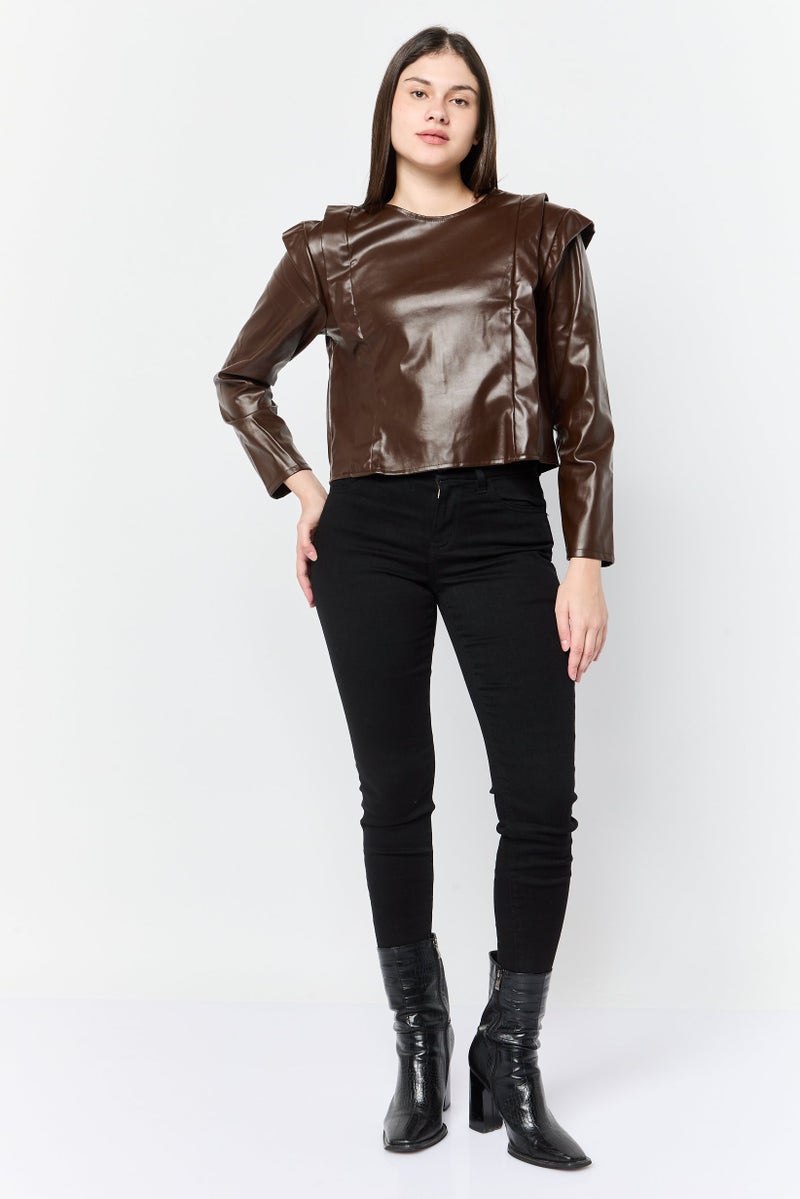 DeFacto Women Jewel Neckline Long Sleeve Pleated Blouse, Dark Brown - Image 2