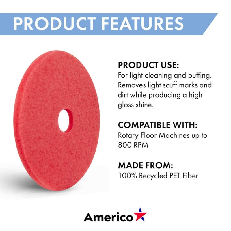 Americo Red Buffer Floor Pad, for Light Cleaning and Buffing, 7.75" Diameter, 3.25" Center Hole, 5 Pads/Case, Made of 100% Recycled Content, USA Made - Image 4