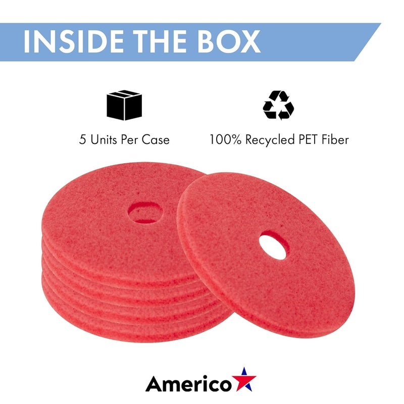 Americo Red Buffer Floor Pad, for Light Cleaning and Buffing, 7.75" Diameter, 3.25" Center Hole, 5 Pads/Case, Made of 100% Recycled Content, USA Made - Image 3
