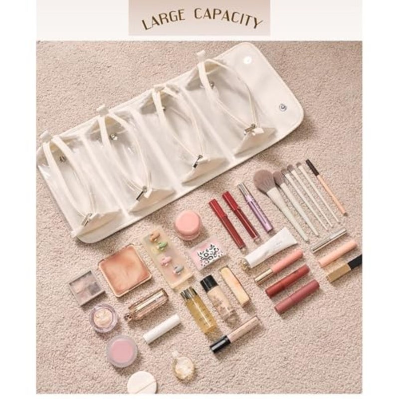 Waterproof Makeup Bag with 4 Detachable Transparent Pouches, Portable Travel Toiletry Organizer, Roll-Up Cosmetic Case, Large Capacity - Image 5
