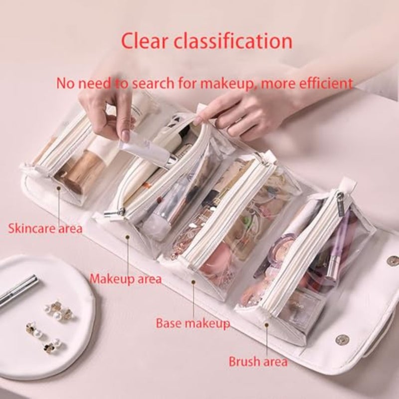 Waterproof Makeup Bag with 4 Detachable Transparent Pouches, Portable Travel Toiletry Organizer, Roll-Up Cosmetic Case, Large Capacity - Image 3