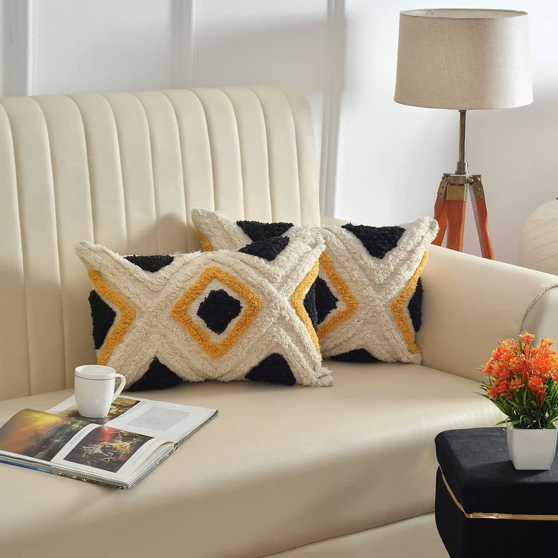 pepme Cross Pattern tri Color Cushion Cover Tufted OffWhite Black Mustard  - Image 1