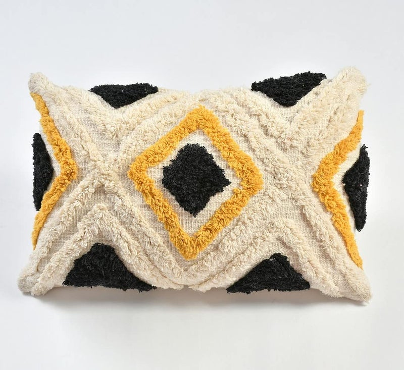 pepme Cross Pattern tri Color Cushion Cover Tufted OffWhite Black Mustard  - Image 2