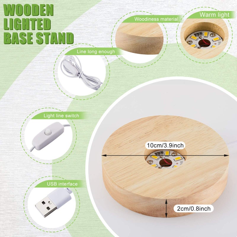 Honoson 2 Pcs LED Base Wood Light Display Base for Crystal Glass Art Resin Light Display Stand with 6 LED Wooden Crystal Resin Lamp for 3D Laser USB Only(Round) - Image 1