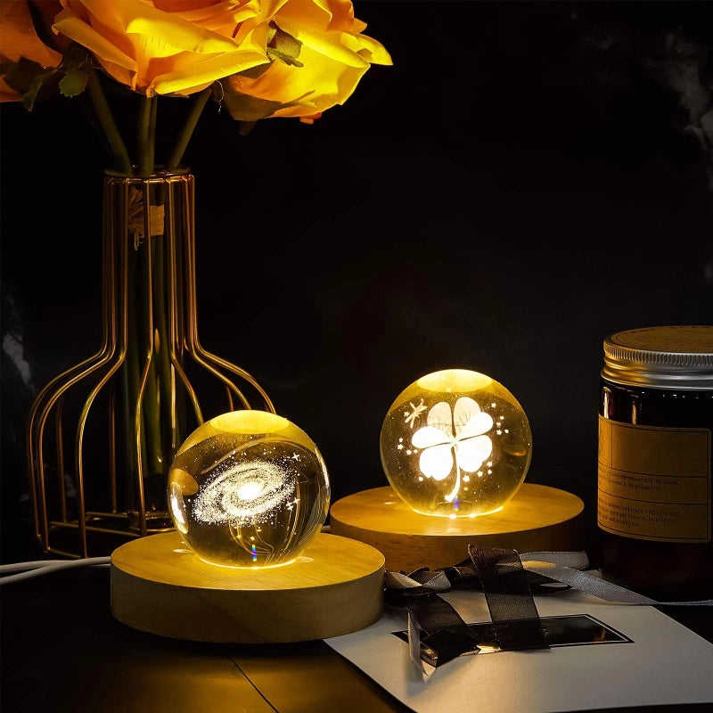 Honoson 2 Pcs LED Base Wood Light Display Base for Crystal Glass Art Resin Light Display Stand with 6 LED Wooden Crystal Resin Lamp for 3D Laser USB Only(Round) - Image 4