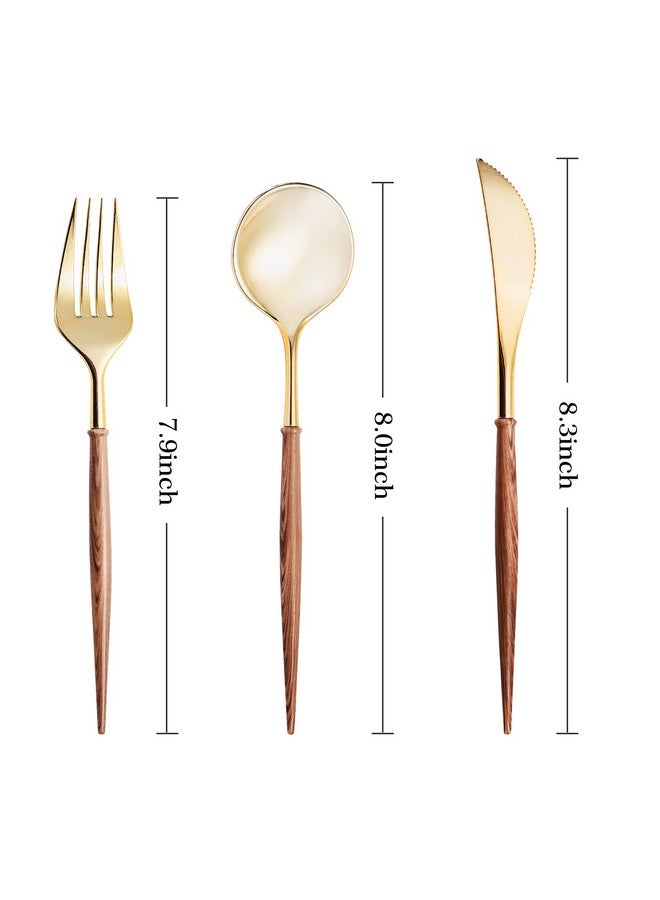 LULLABY 120pcs Gold Plastic Silverware, Gold Disposable Cutlery with Wood Grain Handle Include 40 Forks, 40 Spoons, 40 Knives, Elegant Disposable Silverware for Wedding, Party, Gathering, Daily Use - Image 2