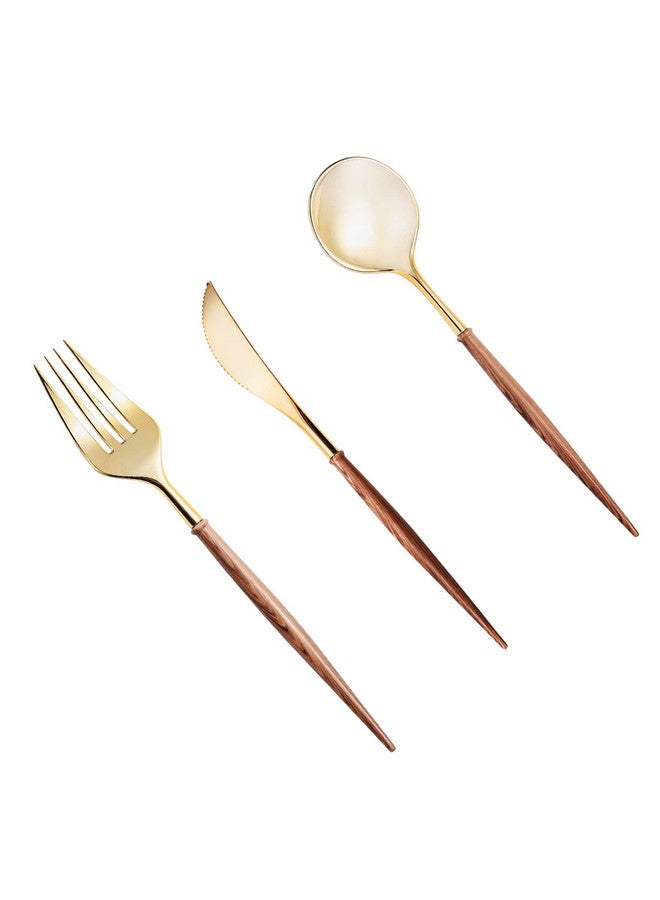 LULLABY 120pcs Gold Plastic Silverware, Gold Disposable Cutlery with Wood Grain Handle Include 40 Forks, 40 Spoons, 40 Knives, Elegant Disposable Silverware for Wedding, Party, Gathering, Daily Use - Image 1