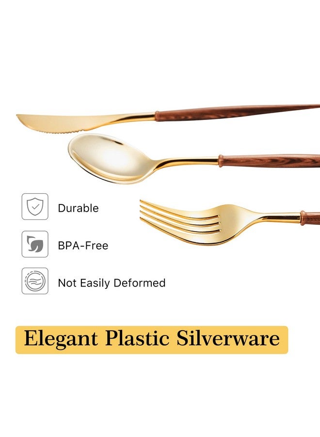 LULLABY 120pcs Gold Plastic Silverware, Gold Disposable Cutlery with Wood Grain Handle Include 40 Forks, 40 Spoons, 40 Knives, Elegant Disposable Silverware for Wedding, Party, Gathering, Daily Use - Image 3