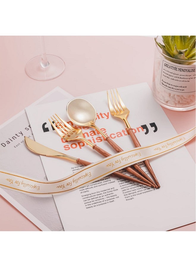 LULLABY 120pcs Gold Plastic Silverware, Gold Disposable Cutlery with Wood Grain Handle Include 40 Forks, 40 Spoons, 40 Knives, Elegant Disposable Silverware for Wedding, Party, Gathering, Daily Use - Image 5