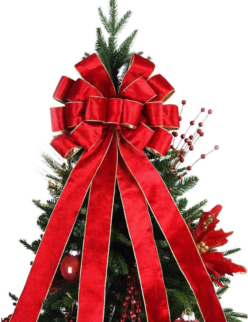 BUVANE Christmas Tree Topper,48x13 Inches Velvet Toppers Bow,Large Decorative Bows for Christmas Decoration (Red) - Image 1