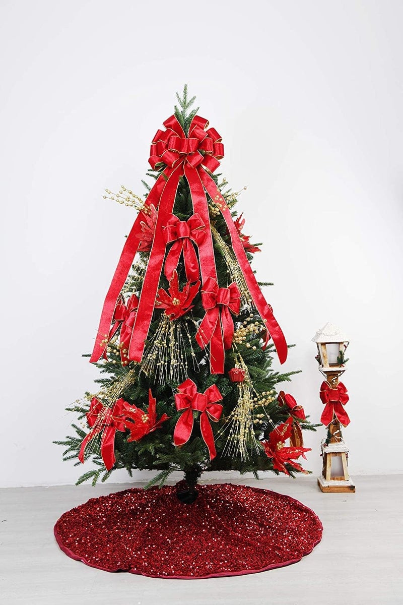 BUVANE Christmas Tree Topper,48x13 Inches Velvet Toppers Bow,Large Decorative Bows for Christmas Decoration (Red) - Image 5