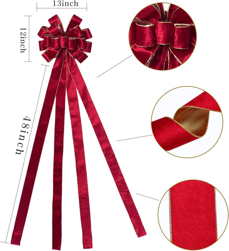 BUVANE Christmas Tree Topper,48x13 Inches Velvet Toppers Bow,Large Decorative Bows for Christmas Decoration (Red) - Image 2