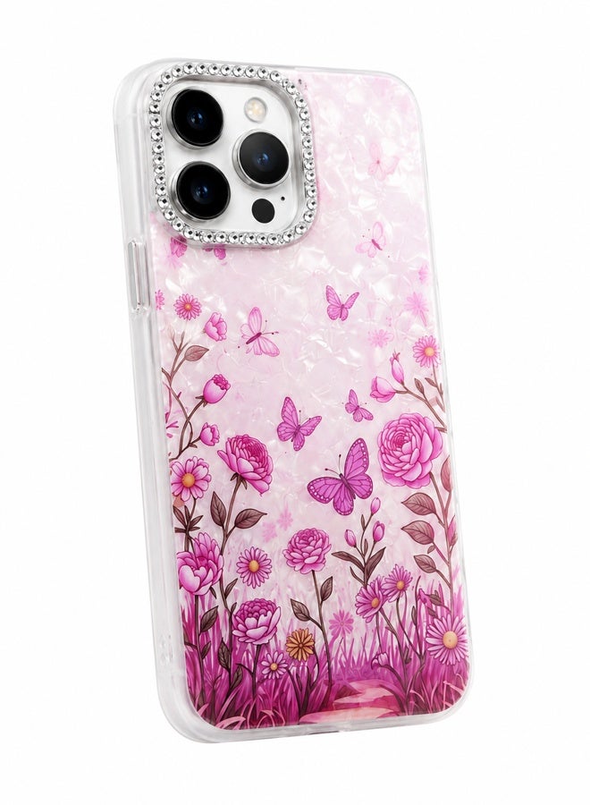 VR CREATIVE Protective Case Cover for Apple iPhone 16 Pro Max with Floral Marble Butterfly Print Transparent TPU + PC Shockproof Back Cover Design 2